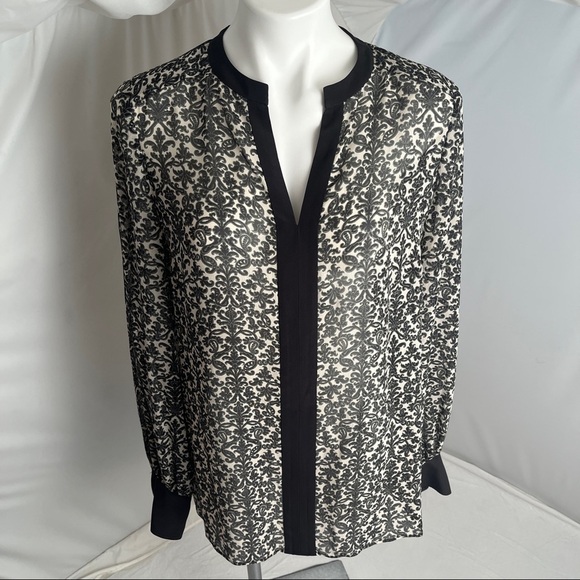 Tory Burch black solid trim printed silk semi-sheer split neck tunic 12 - Picture 1 of 13